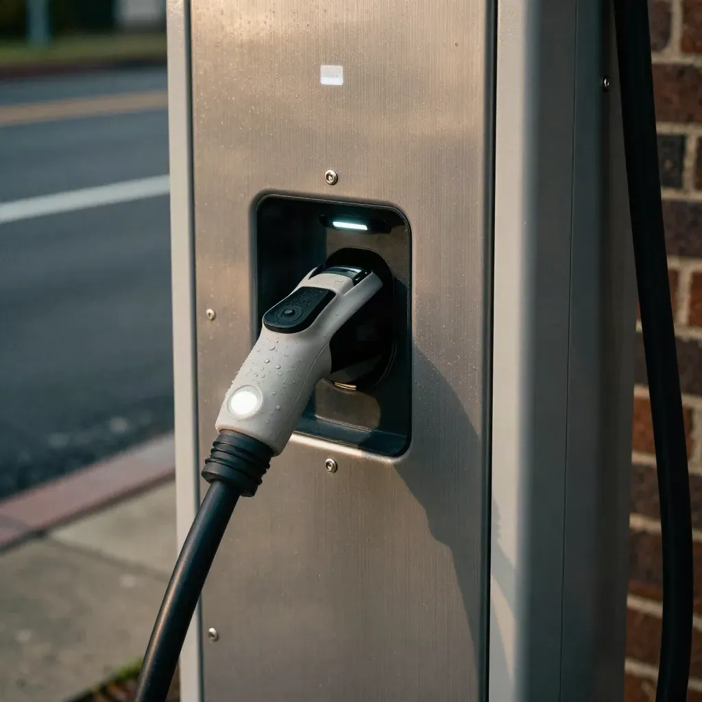 Extreme macro of a repaired EV charger pedestal with rain beads and glowing status light.
