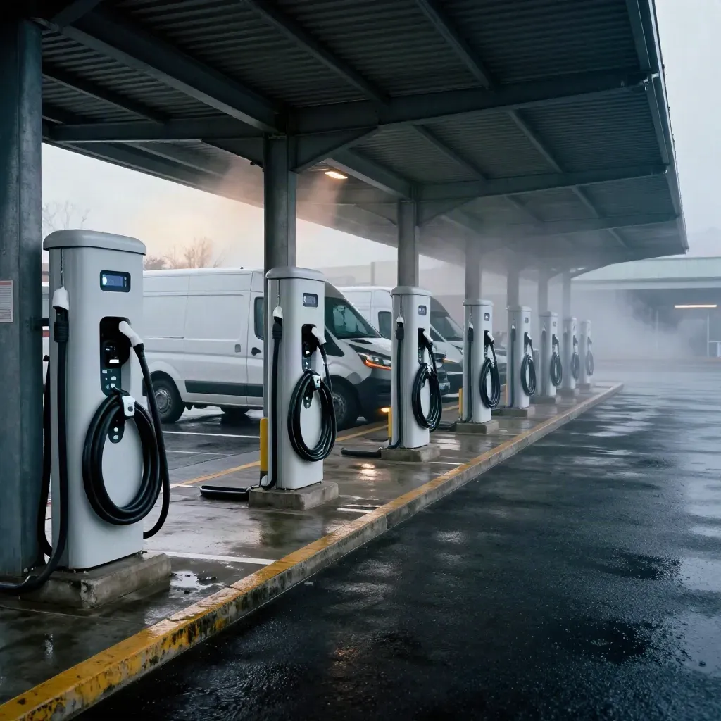 Eight depot EV chargers beside parked vans under a steel canopy at dusk.