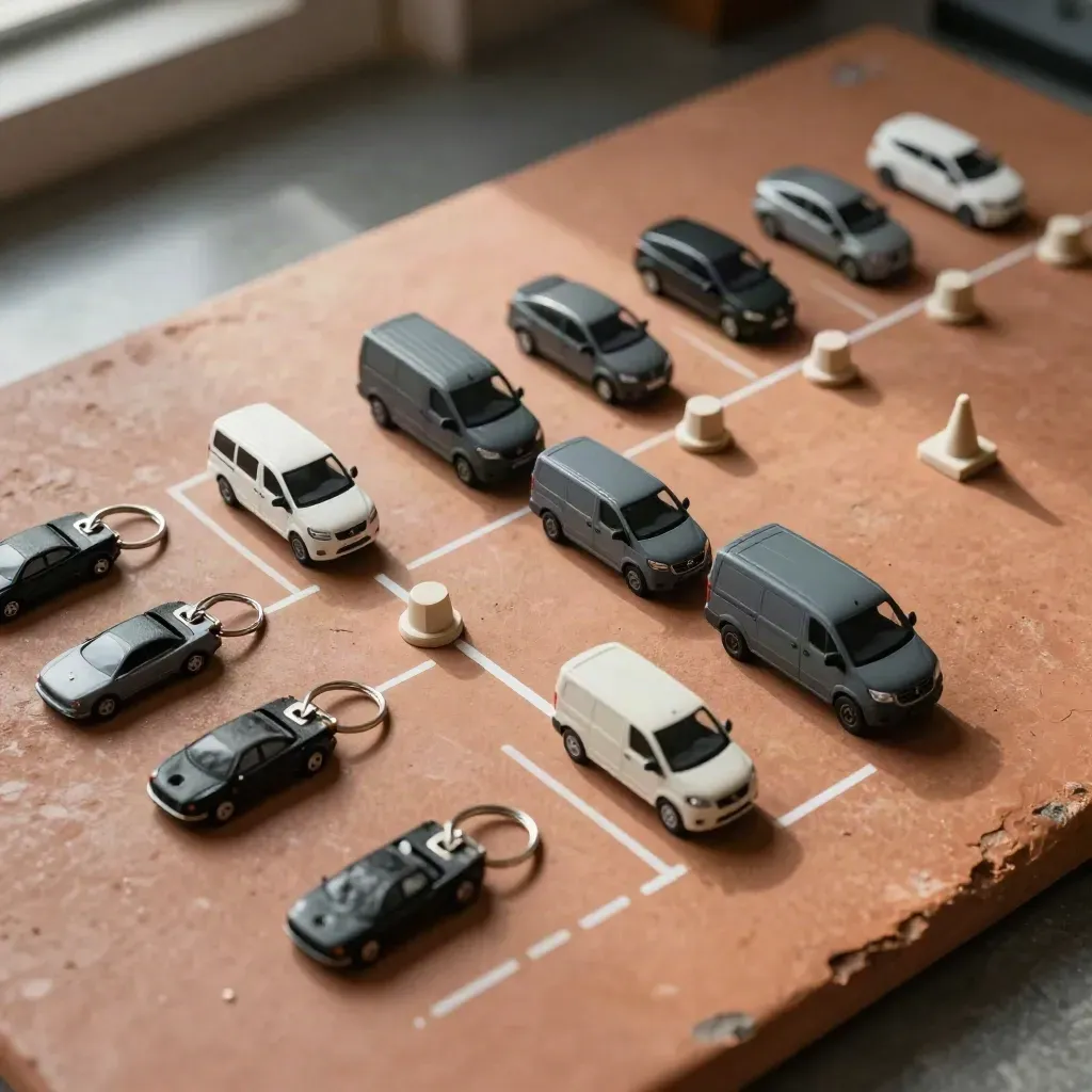 Top-down fleet-planning still life of mini vans, charger pedestals and key fobs on terracotta clay.