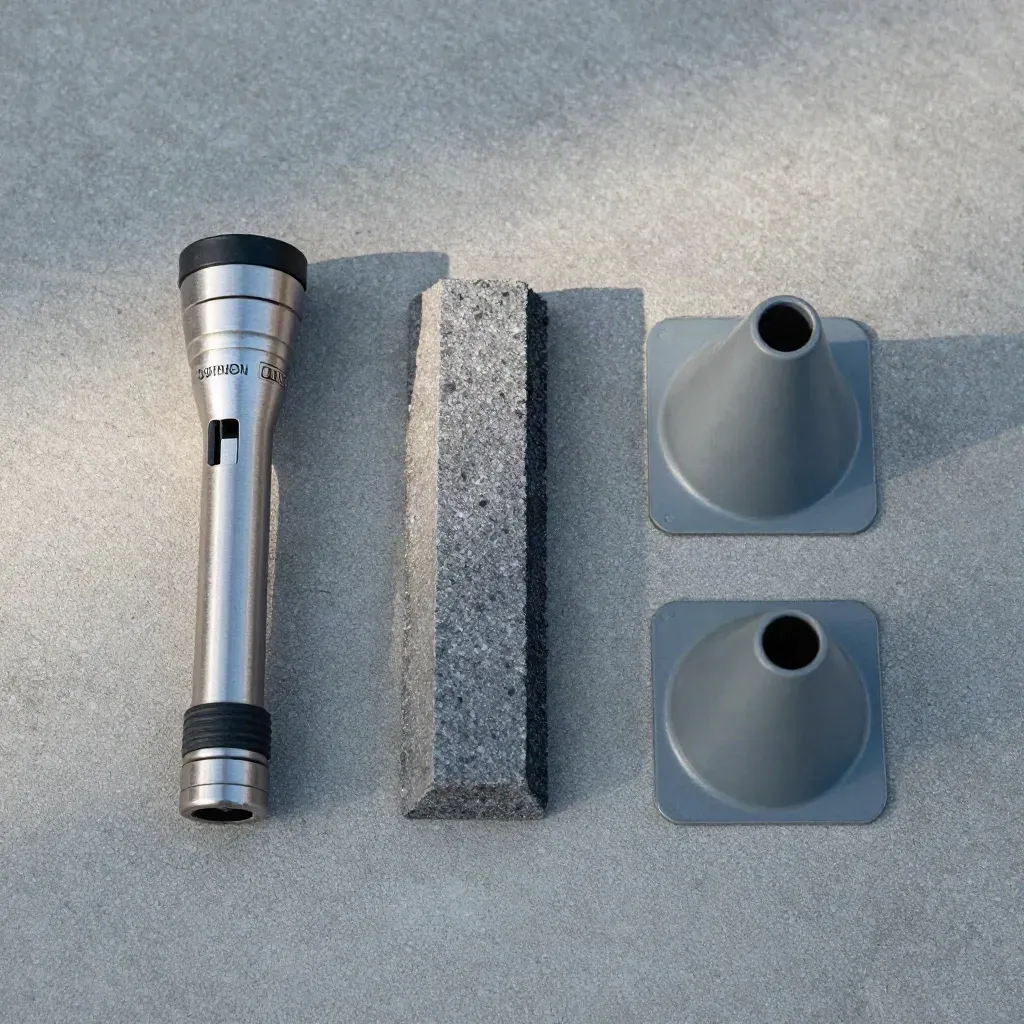Overhead site-check kit with torch, kerb sample, marker cone and junction cap on concrete.